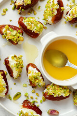 Honey Pistachio Ricotta stuffed Dates.selective focus