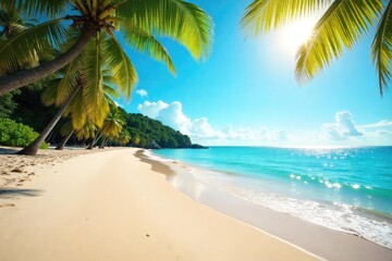 Fototapeta premium A vibrant, sun-drenched beach scene evokes a feeling of carefree joy and summer bliss, representing a relaxed and adventurous lifestyle , joy, colorful, energy