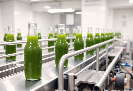 Bottled green juice moves along a stainless bottling line in a factory setting