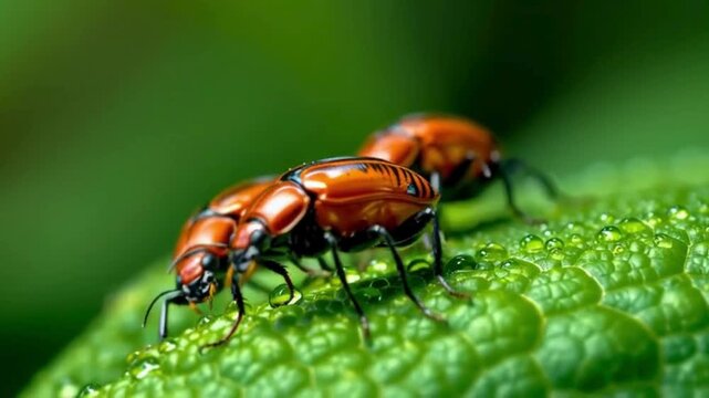 Ruby red leaf beetles feasting on dewy green leaves during a vibrant spring morning macro