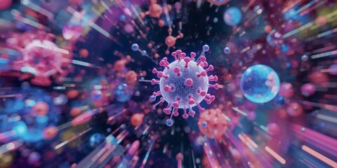 Microscopic virus particle floating in abstract space with glowing trails for medical research and pharmaceutical design