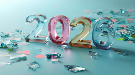 «2026» in shiny metallic numbers on light blue background, surrounded by scattered confetti and crystals. Elegant New Year vibe