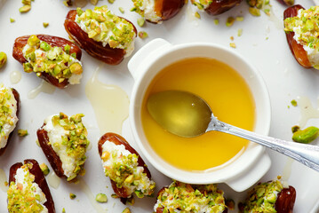 Honey Pistachio Ricotta stuffed Dates.selective focus