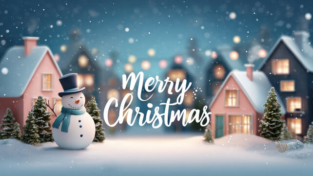 Merry Christmas scene with snowman wearing top hat, cozy houses with glowing windows, snow-covered trees and falling snowflakes. Festive winter holiday atmosphere