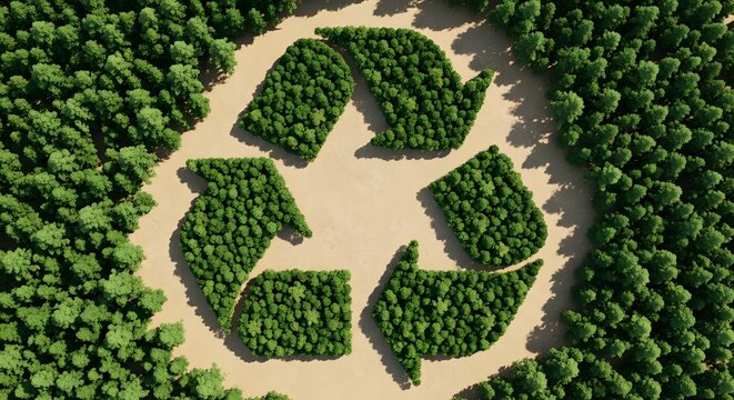 Recycling symbol made of trees, surrounded by a forest, symbolizing environmental conservation and sustainability.