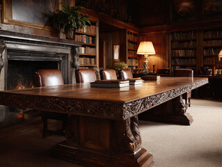 Evocative study featuring a grand, carved table, leather chairs, warm lighting, and antique books. Implies knowledge, history, and luxury. Perfect for designs