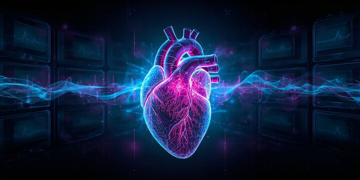 Captivating human heart illustration with vibrant neon glow and digital circuit design for innovative health solutions
