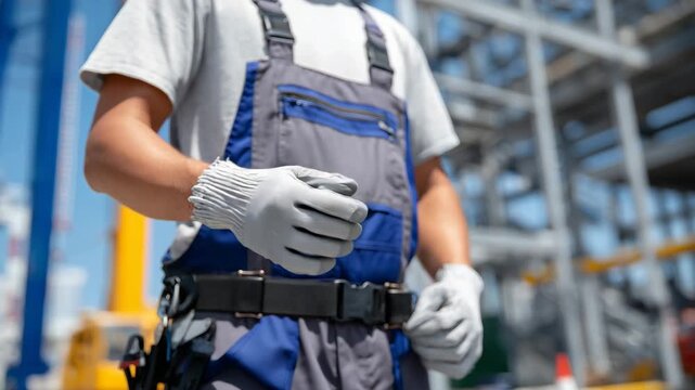 250Worker preparing PPE, close-up of gloves adjusting safety harness clips, blurred structural steel and machinery adding depth