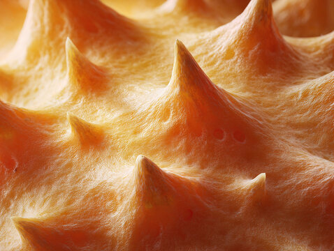 Intricate closeup reveals a textured orange surface with pointed projections, evoking feelings of sharpness and complexity. Ideal for abstract designs or science concepts.
