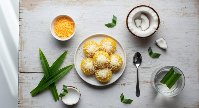 Vibrant yellow steamed cakes topped with cheese, presented beautifully with fresh pandan and coconut, offering a delightful tropical culinary experience