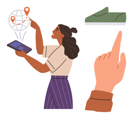 Woman points at location pins on a globe while holding a tablet, showcasing global mapping. Includes a finger tapping a screen and a green sneaker. Ideal for navigation, technology, geolocation