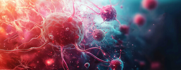 Tumor microenvironment background with cancer cells, T-Cells, nanoparticles, molecules and blood vessels. Oncology research concept, copy space