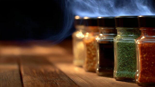 264Macro close-up of bottles with various sauces, steam curling from the lids, wooden table surface showing grains, inviting and aromatic setting for recipes