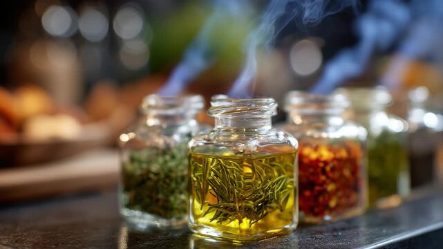 265Five glass bottles with colorful sauces and spices, steam drifting upwards, shallow depth of field focusing on bottles, blurred background of kitchen counter