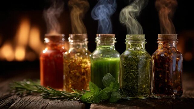 266Warm-toned composition of five bottles with red, green, and brown sauces, steam rising gracefully, wooden table reflecting subtle light, food photography style