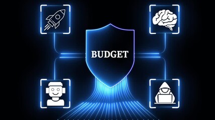 Glowing Neon Cloud budget management system with icons for finance growth teamwork communication and security on black background digital concept.4k video ,motion graphic animation ... - Powered by Adobe