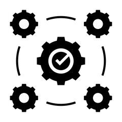 Icono de gestión de procesos. Control y eficiencia operacional. Aprobación central, sistema mecánico, flujo estructurado. Ilustración vectorial