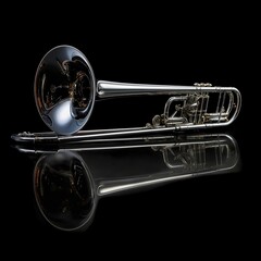 Obraz premium Polished Silver Trombone on Reflective Black