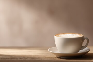 239. latte art coffee in ceramic cup on wooden table, premium look, golden hour tone, ample space for text on the right, generic props only