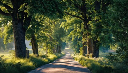 Mighty Green Linden Trees Lining A Rural Gravel Road: A Serene Fairy Forest Landscape With Soft Sunlight And Sunbeams, Pure Nature Paradise.