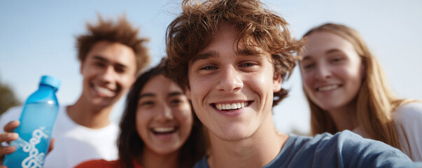 Fototapeta premium Smiling diverse friends take a selfie. The group, with their bright smiles, embodies youth, friendship, and fun. Perfect for lifestyle, college, and summertime themes.