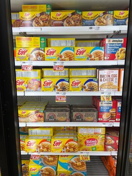 Grocery store interior frozen foods breakfast eggo waffles close up
