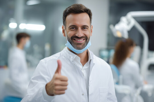 A man in a white lab coat is giving a thumbs up while wearing a mask