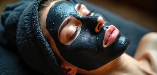 Close up photo of woman with charcoal mask on face. Female relaxing in spa. Beauty procedure at wellness center. Face skincare treatment with cosmetic product.