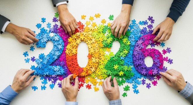 People Assembling a Colorful Puzzle Forming the Year 2026 - Powered by Adobe