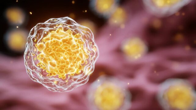 A microscopic yellow fat cell glowing faintly in front of a blurred image of fast food packaging, symbolizing the result of excessive junk food intake