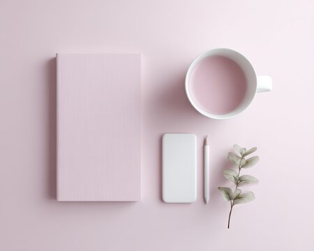381. creative desk flat lay for marketing visuals, advertising mood, soft diffused glow, ample space for text, generic props only