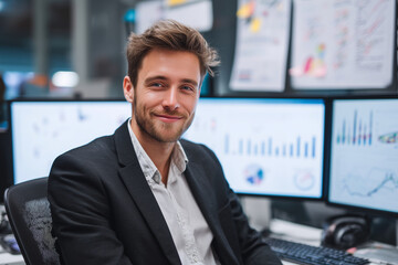 Obraz premium A man in a suit is smiling in front of a computer monitor
