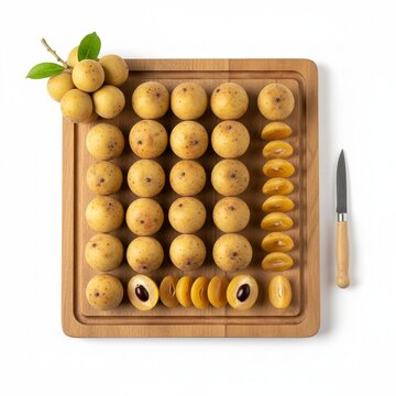 Fresh lanzones fruit arrangement on a wooden board for healthy eating and tropical fruit concepts