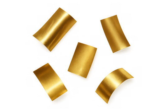 Gold confetti pieces abstractly falling, dynamic element for celebration background on transparent