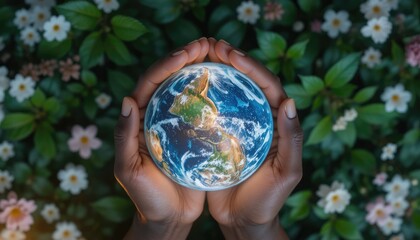 Hands gently holding a glowing earth globe amidst lush greenery and flowers