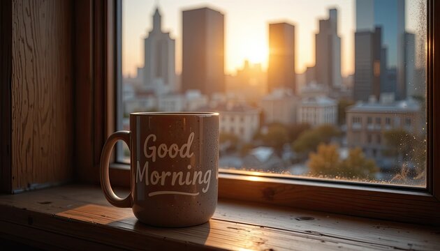 Good morning coffee mug with city skyline sunrise view - Powered by Adobe