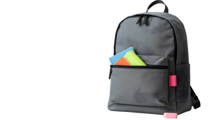Gray fabric backpack holds colorful notebooks on black background. School supplies present visual appeal for product presentation and educational promotion.