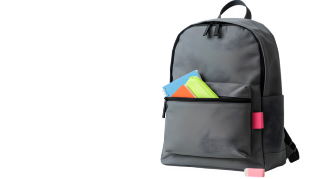 Gray fabric backpack holds colorful notebooks on black background. School supplies present visual appeal for product presentation and educational promotion.