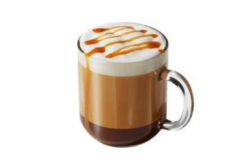 A delicious caramel macchiato with whipped cream and caramel drizzle is served in a clear mug.