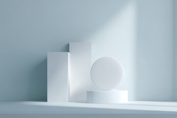 5. product display scene with geometric props, clean aesthetic, controlled studio lighting, minimal composition, brand-safe, no logos