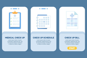 Flat vector illustration of medical icons and check-up schedule, including bills, for mobile app or website UI, banner, and template design in modern flat color style with three variations.