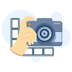 World Photography Day illustration showing a hand holding a camera, capturing a moment, surrounded by film rolls. Ideal for cards, websites, and social media.