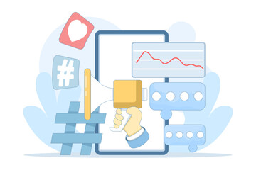 Social media marketing concept featuring smartphones, megaphones, likes, comments, and analytics, representing effective strategies for digital promotion and audience engagement.