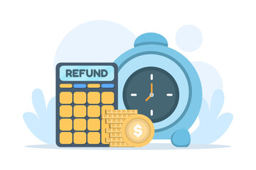 Time refund concept illustrated with an alarm clock, calculator, and coins, symbolizing financial returns, reimbursement, and time-related compensation.