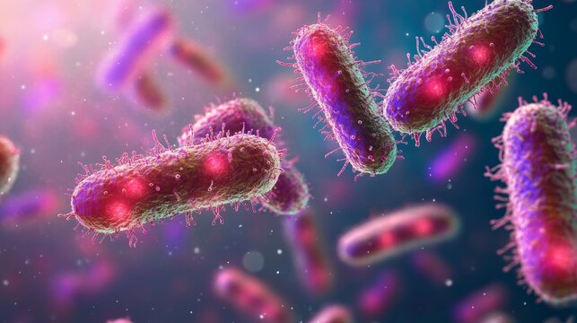 Colorful bacteria are actively engaged with antibodies, showcasing a lively interaction amidst a microscopic backdrop filled with luminous particles, antibiotics, interactions