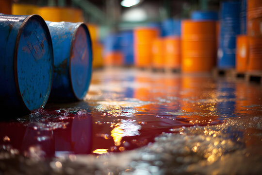 A warehouse with barrels of oil and a puddle of oil on the floor