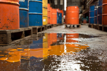 A large number of barrels are lined up in a warehouse