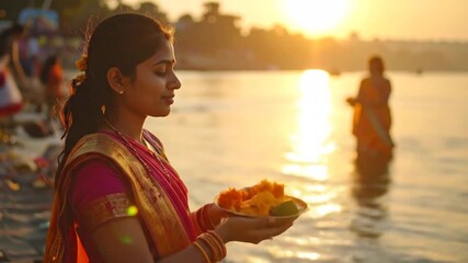 Indian Woman Offering Prayers at Sunrise by the Ganges River