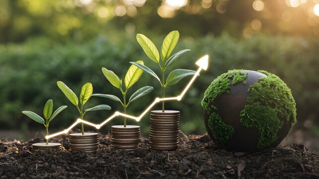 Green growth concept showing a financial graph rising from stacked coins next to a moss covered globe in nature