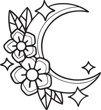 Traditional Moon with Flowers Tattoo Stencil T-Shirt Print